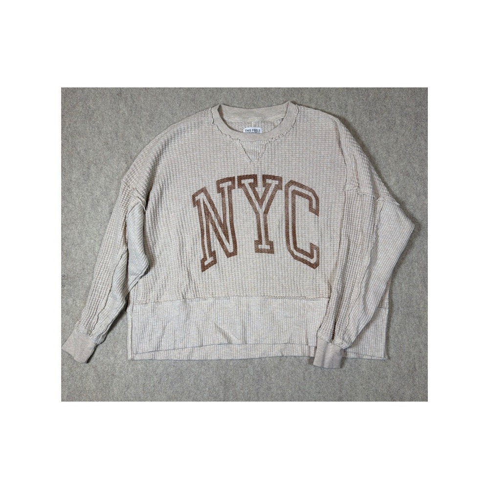 K318. American Eagle NYC Graphic Waffle Knit Thermal Top Cream Oversized XS